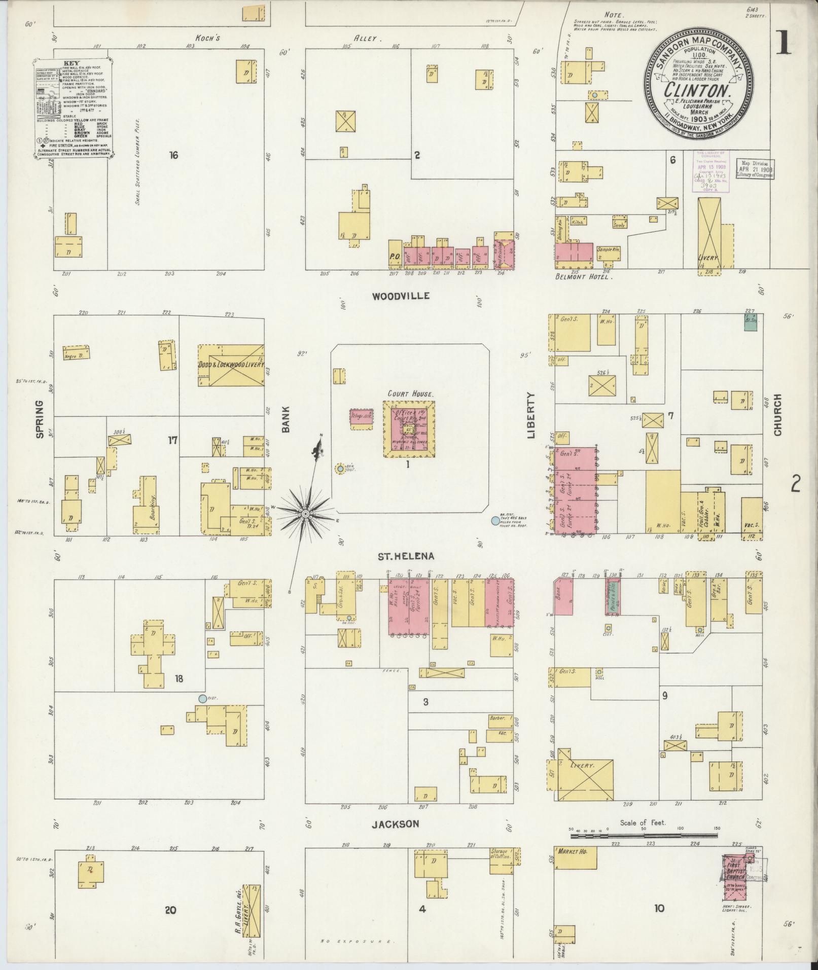 Sanborn Fire Insurance Map from Clinton, East Feliciana Parish, Louisiana (1903), Sheet #0001 - Historic Sanborn Fire Insurance Map Print, vintage old map wall art, antique decor, genealogy gift, Louisiana Louisiana map