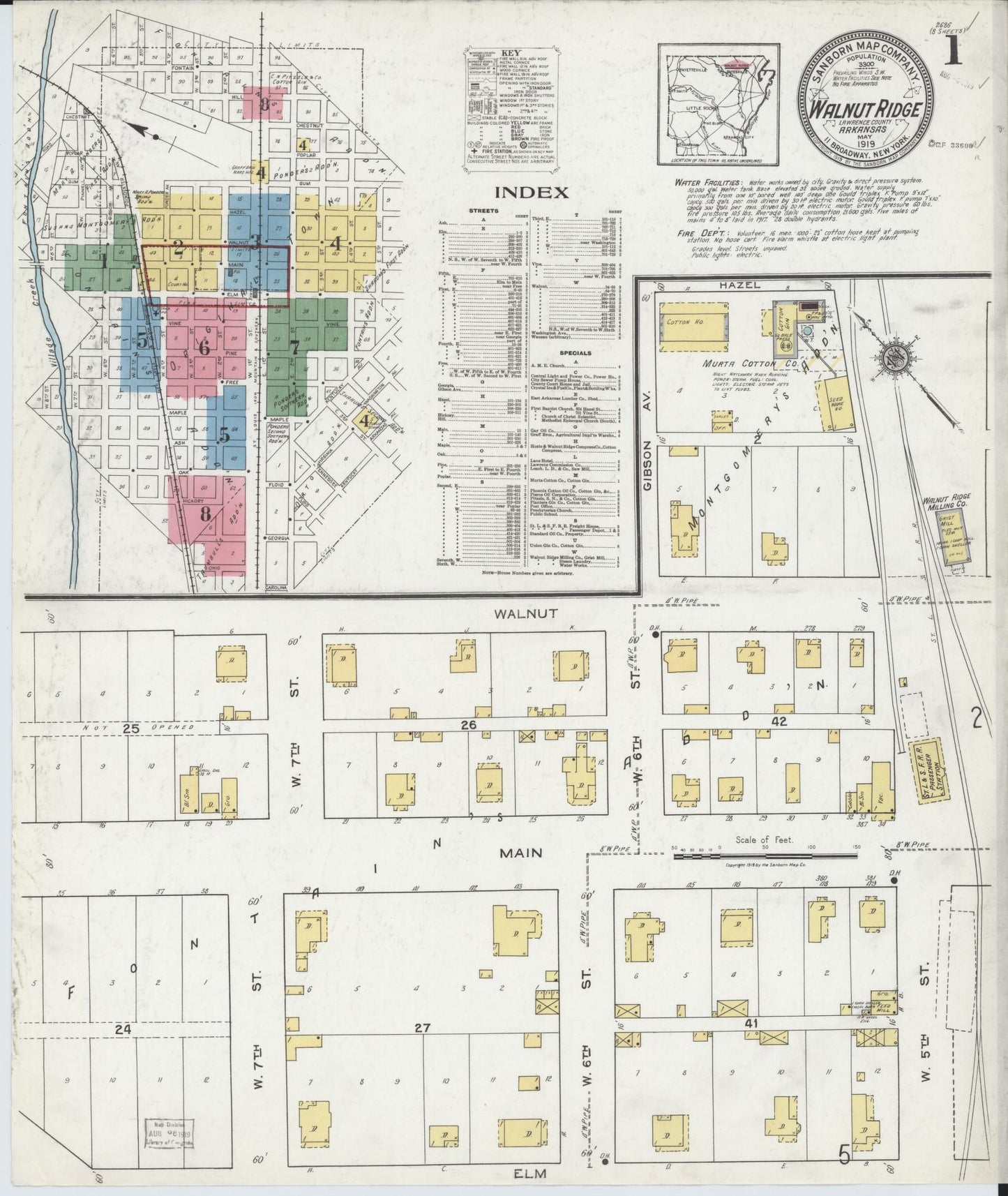 Sanborn Fire Insurance Map from Walnut Ridge, Lawrence County, Arkansas (1919), Sheet #0001 - Complete Map Set gallery image, historic Sanborn map, vintage wall art, Arkansas Arkansas