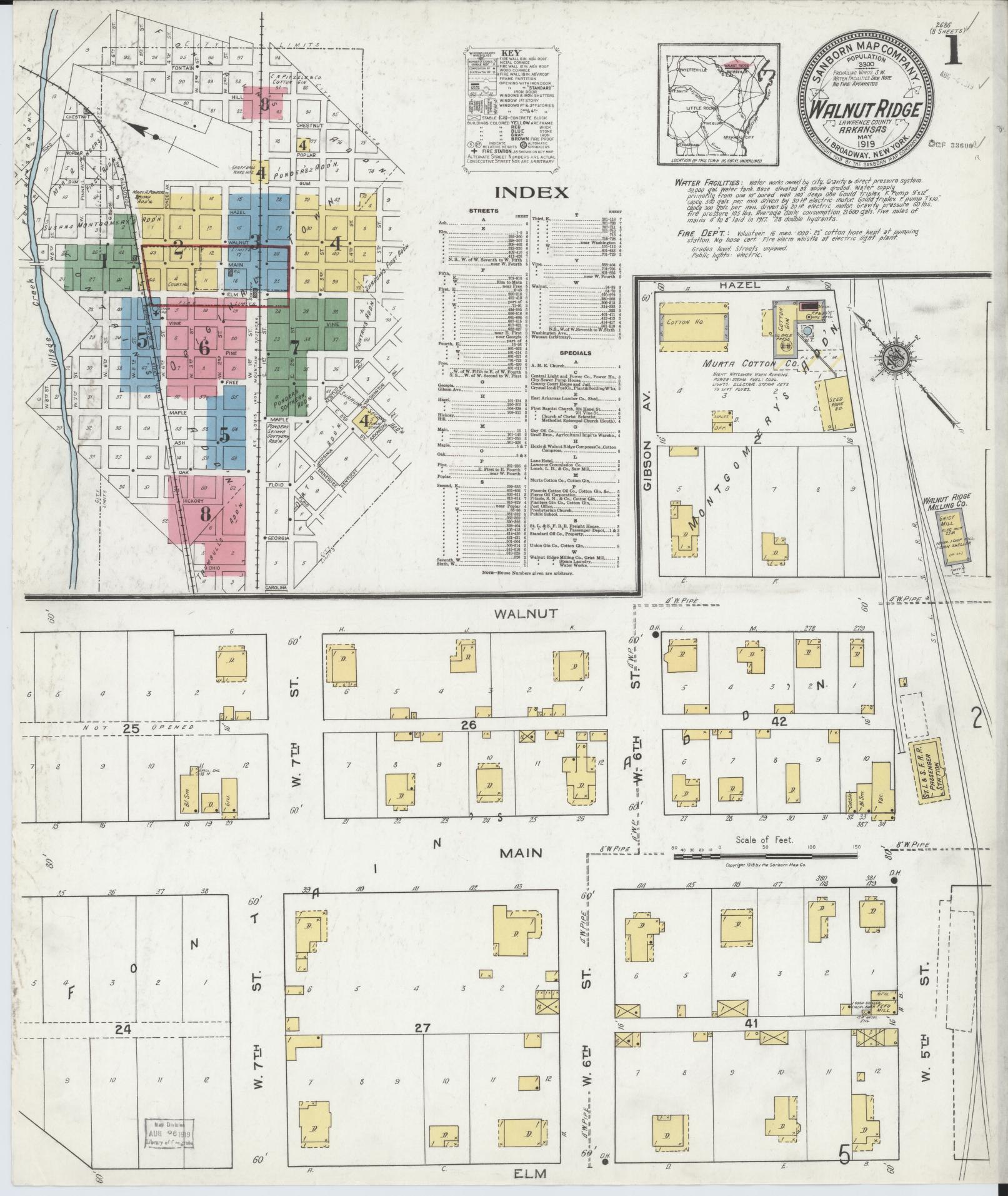 Sanborn Fire Insurance Map from Walnut Ridge, Lawrence County, Arkansas (1919), Sheet #0001 - Complete Map Set gallery image, historic Sanborn map, vintage wall art, Arkansas Arkansas