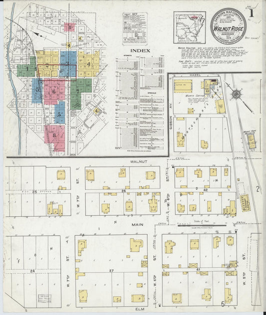 Sanborn Fire Insurance Map from Walnut Ridge, Lawrence County, Arkansas (1919), Sheet #0001 - Complete Map Set gallery image, historic Sanborn map, vintage wall art, Arkansas Arkansas