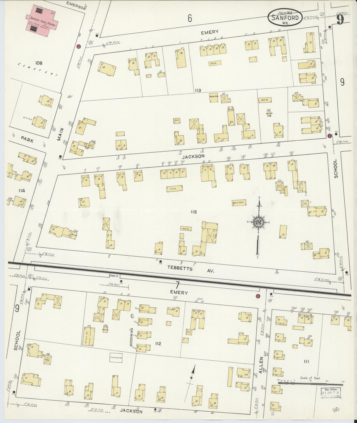 Sanborn Fire Insurance Map from Sanford, York County, Maine (1912), Sheet #0009 - Complete Map Set gallery image, historic Sanborn map, vintage wall art, Maine Maine