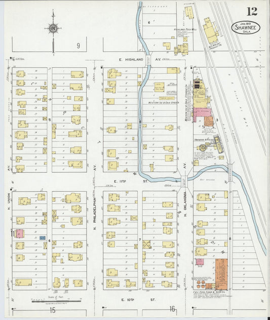 Sanborn Fire Insurance Map from Shawnee, Pottawatomie County, Oklahoma (1919), Sheet #0012 - Historic Sanborn Fire Insurance Map Print, vintage old map wall art, antique decor, genealogy gift, Oklahoma Oklahoma map