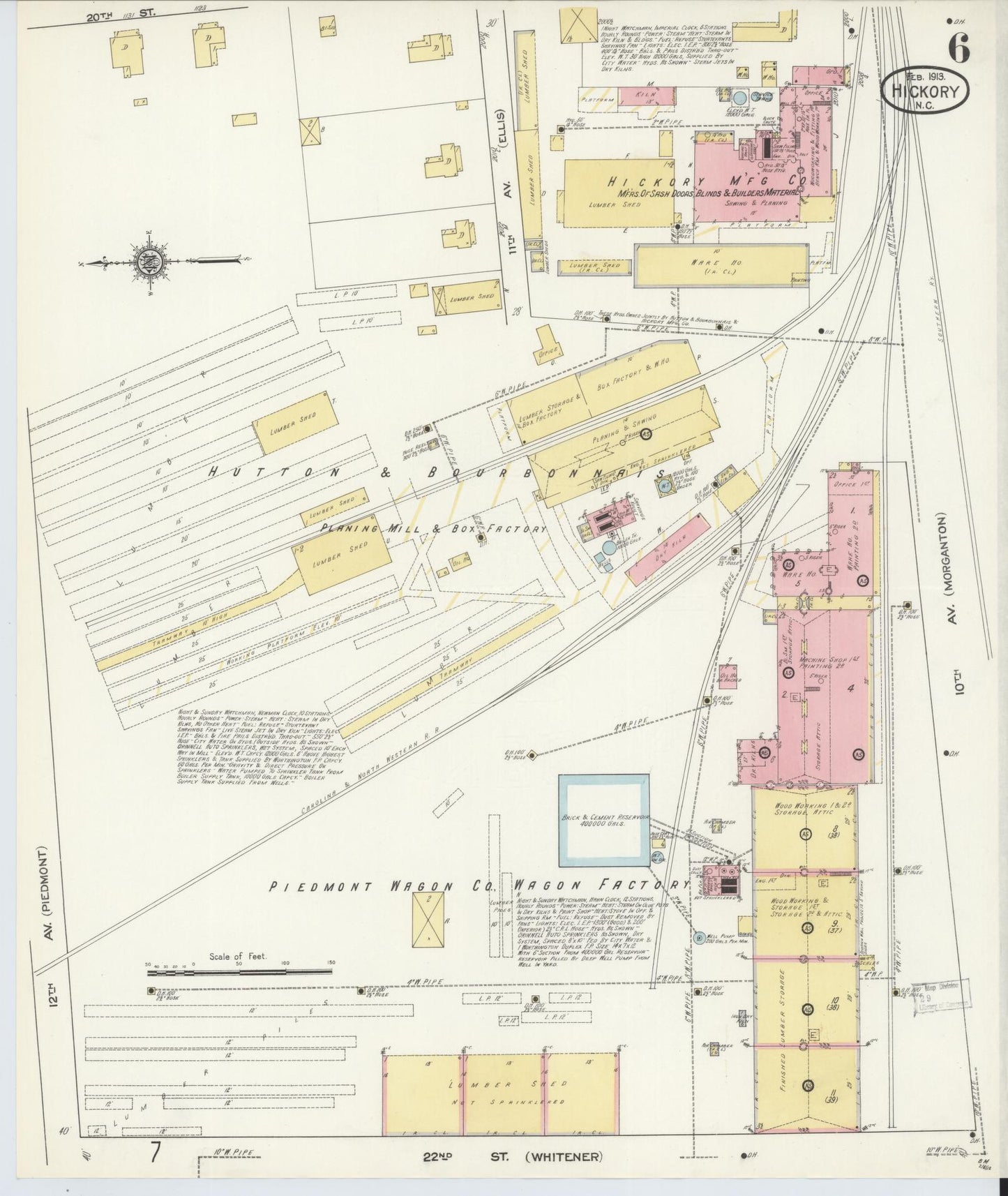 Sanborn Fire Insurance Map from Hickory, Catawba County, North Carolina (1913), Sheet #0006 - Historic Sanborn Fire Insurance Map Print, vintage old map wall art, antique decor, genealogy gift, North Carolina North Carolina map