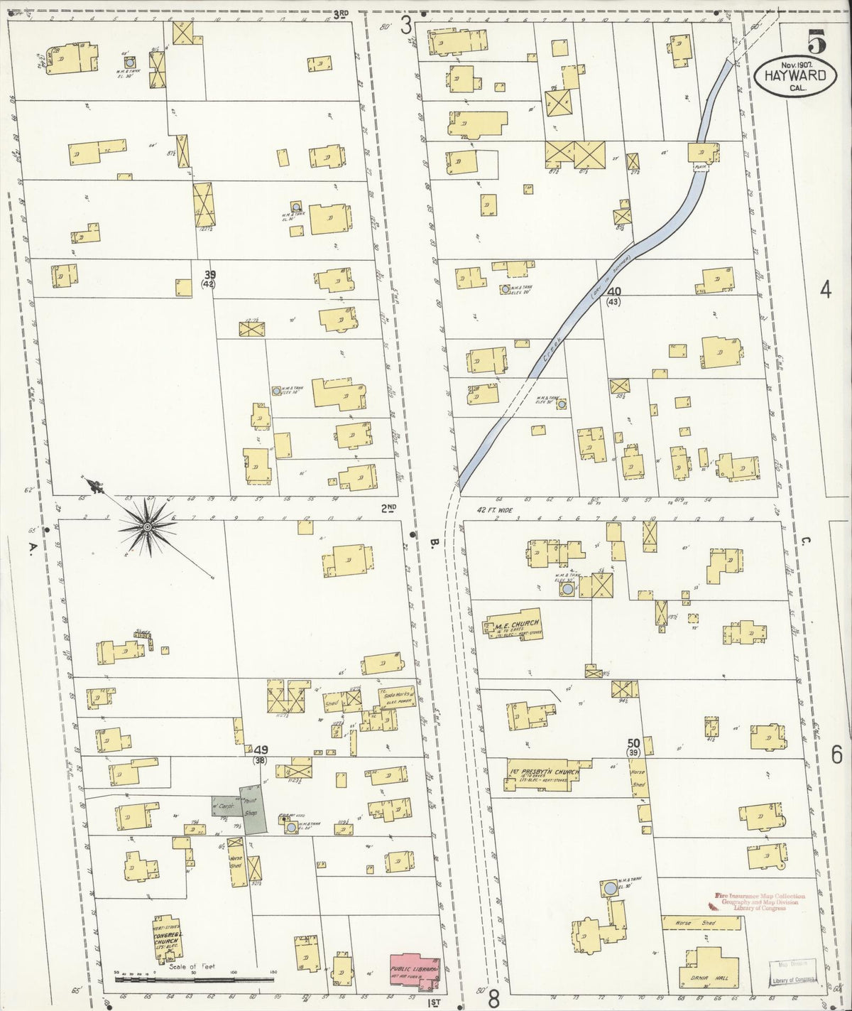 Sanborn Fire Insurance Map from Hayward, Alameda County, California (1907), Sheet #0005 - Complete Map Set gallery image, historic Sanborn map, vintage wall art, California California