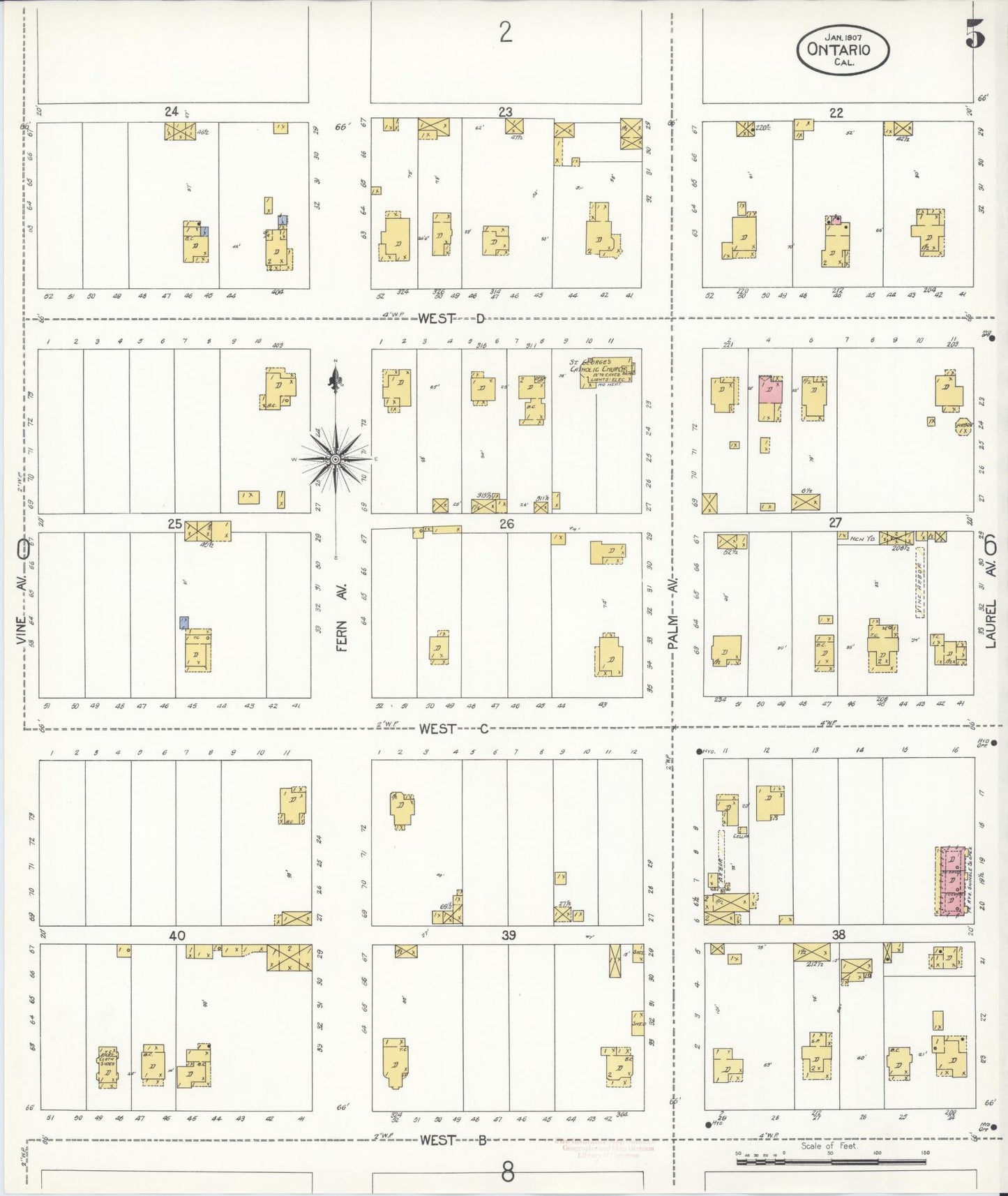 Sanborn Fire Insurance Map from Ontario, San Bernardino County, California (1907), Sheet #0005 - Historic Sanborn Fire Insurance Map Print, vintage old map wall art, antique decor, genealogy gift, California California map