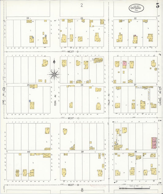 Sanborn Fire Insurance Map from Ontario, San Bernardino County, California (1907), Sheet #0005 - Historic Sanborn Fire Insurance Map Print, vintage old map wall art, antique decor, genealogy gift, California California map