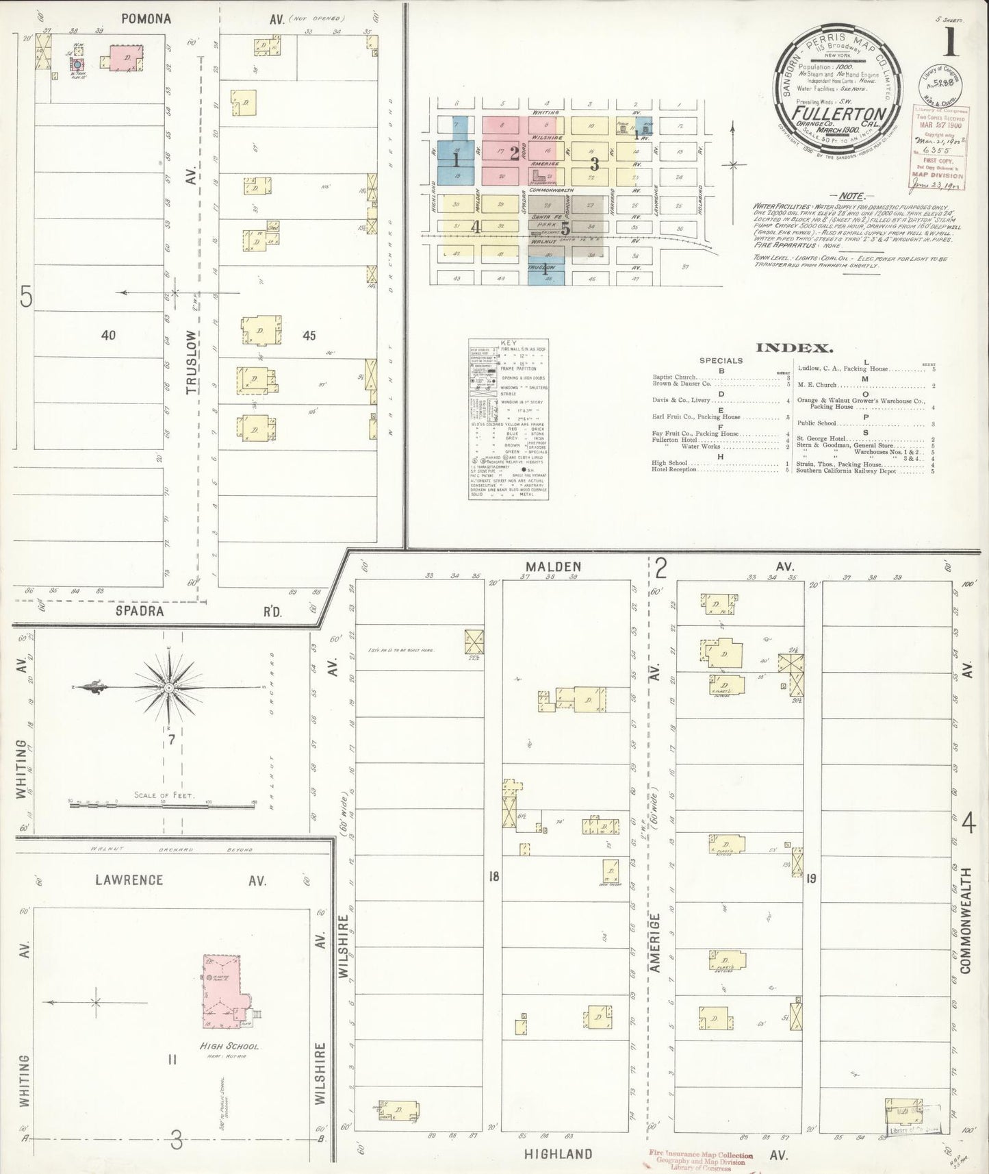 Sanborn Fire Insurance Map from Fullerton, Orange County, California (1900), Sheet #0001 - Historic Sanborn Fire Insurance Map Print, vintage old map wall art, antique decor, genealogy gift, California California map