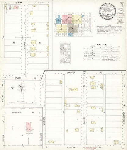 Sanborn Fire Insurance Map from Fullerton, Orange County, California (1900), Sheet #0001 - Historic Sanborn Fire Insurance Map Print, vintage old map wall art, antique decor, genealogy gift, California California map