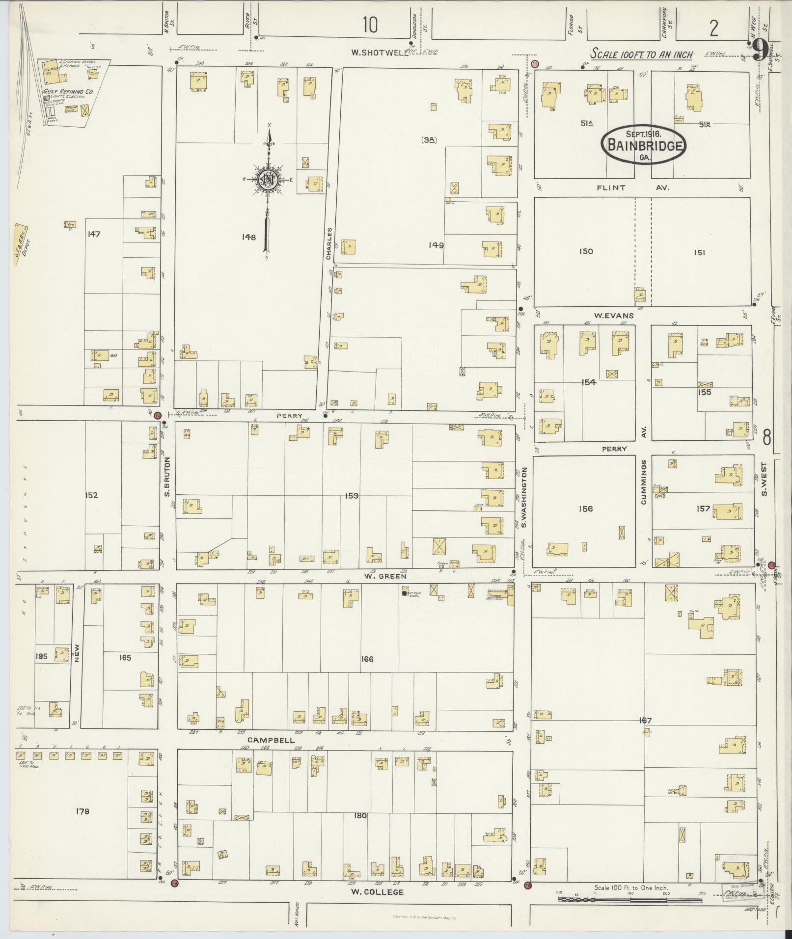 Sanborn Fire Insurance Map from Bainbridge, Decatur County, Georgia (1916), Sheet #0009 - Historic Sanborn Fire Insurance Map Print, vintage old map wall art, antique decor, genealogy gift, Georgia Georgia map