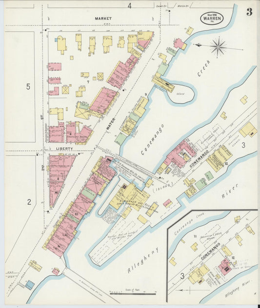 Sanborn Fire Insurance Map from Warren, Warren County, Pennsylvania (1898), Sheet #0003 - Historic Sanborn Fire Insurance Map Print, vintage old map wall art, antique decor, genealogy gift, Pennsylvania Pennsylvania map
