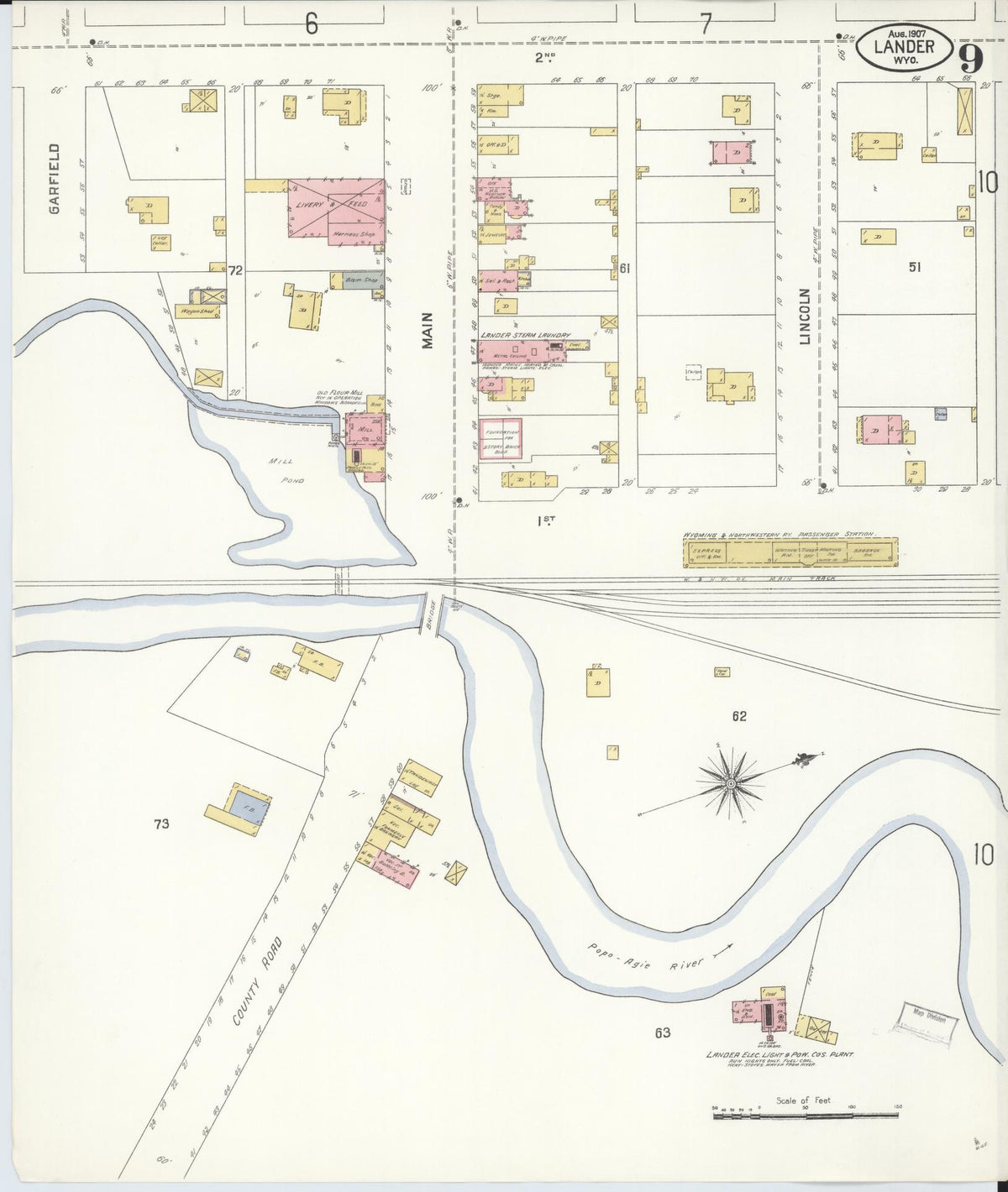 Sanborn Fire Insurance Map from Lander, Fremont County, Wyoming (1907), Sheet #0009 - Complete Map Set gallery image, historic Sanborn map, vintage wall art, Wyoming Wyoming