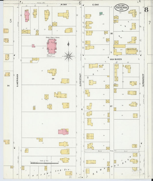 Sanborn Fire Insurance Map from Ravenna, Portage County, Ohio (1904), Sheet #0008 - Historic Sanborn Fire Insurance Map Print, vintage old map wall art, antique decor, genealogy gift, Ohio Ohio map