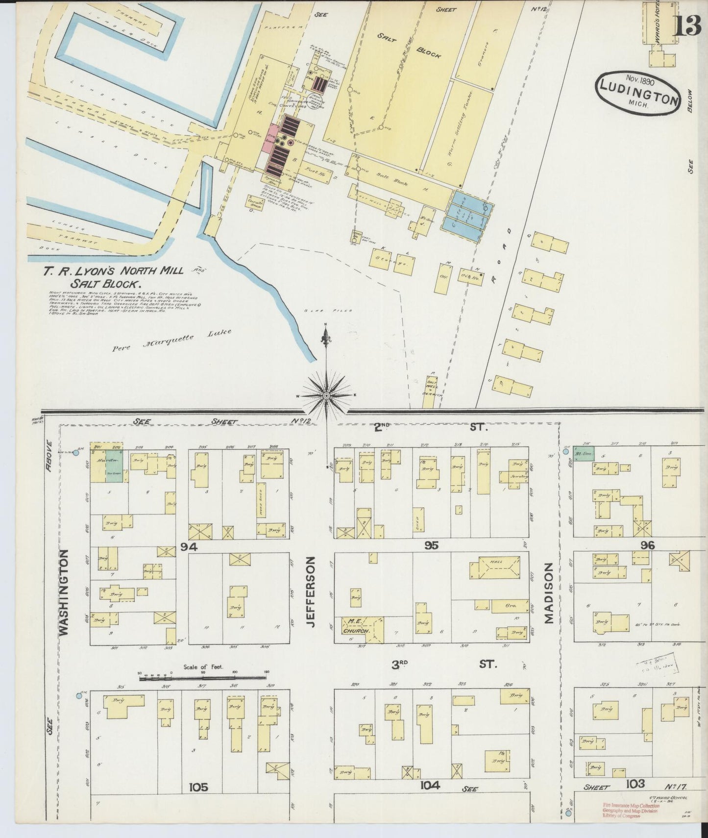 Sanborn Fire Insurance Map from Ludington, Mason County, Michigan (1890), Sheet #0013 - Complete Map Set gallery image, historic Sanborn map, vintage wall art, Michigan Michigan