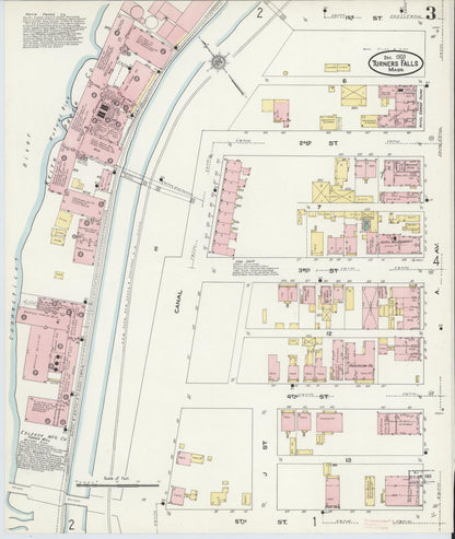 Sanborn Fire Insurance Map from Turners Falls, Franklin County, Massachusetts (1909), Sheet #0003 - Historic Sanborn Fire Insurance Map Print, vintage old map wall art, antique decor, genealogy gift, Massachusetts Massachusetts map