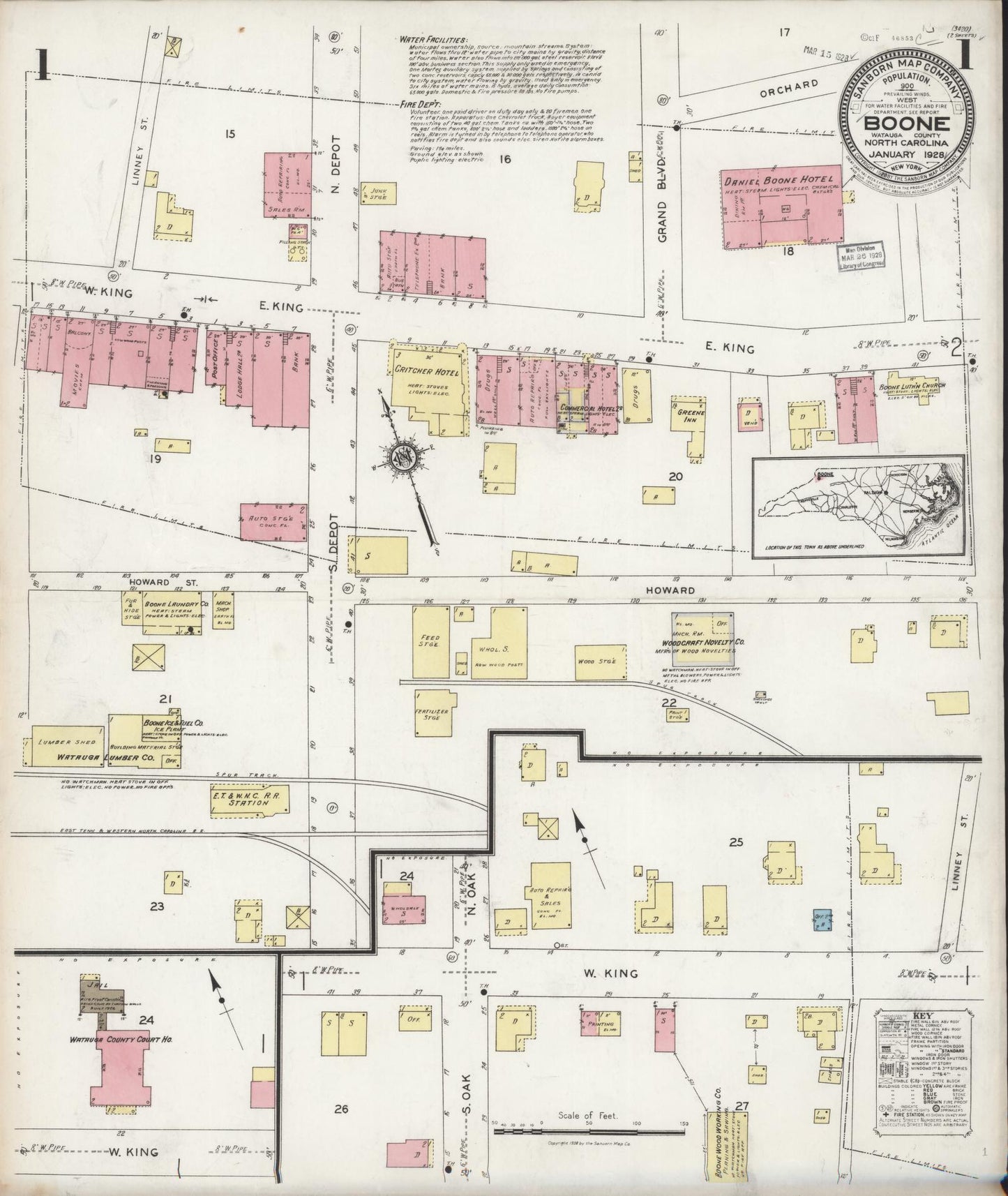 Sanborn Fire Insurance Map from Boone, Watauga County, North Carolina (1928), Sheet #0001 - Complete Map Set gallery image, historic Sanborn map, vintage wall art, North Carolina North Carolina