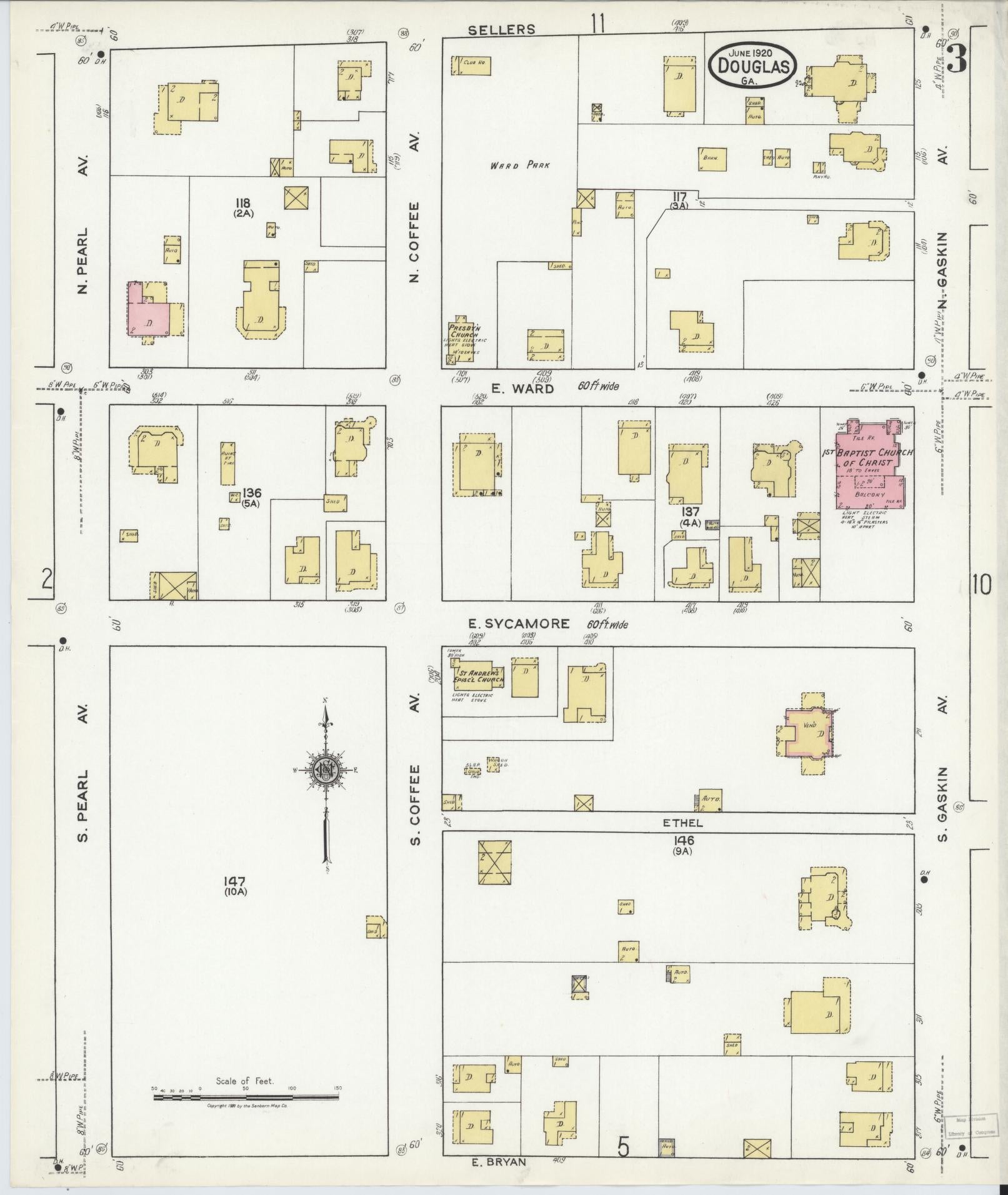 Sanborn Fire Insurance Map from Douglas, Coffee County, Georgia (1920), Sheet #0003 - Historic Sanborn Fire Insurance Map Print, vintage old map wall art, antique decor, genealogy gift, Georgia Georgia map