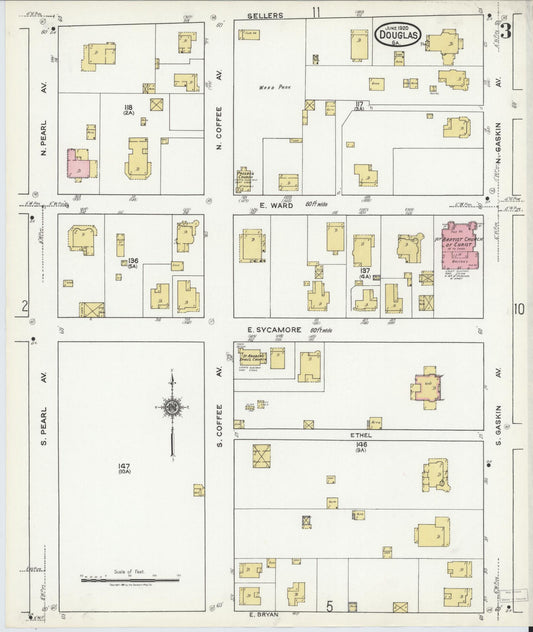 Sanborn Fire Insurance Map from Douglas, Coffee County, Georgia (1920), Sheet #0003 - Historic Sanborn Fire Insurance Map Print, vintage old map wall art, antique decor, genealogy gift, Georgia Georgia map