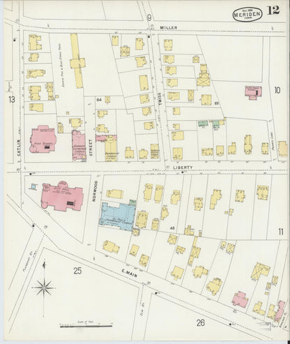 Sanborn Fire Insurance Map from Meriden, New Haven County, Connecticut (1896), Sheet #0012 - Complete Map Set gallery image, historic Sanborn map, vintage wall art, Connecticut Connecticut