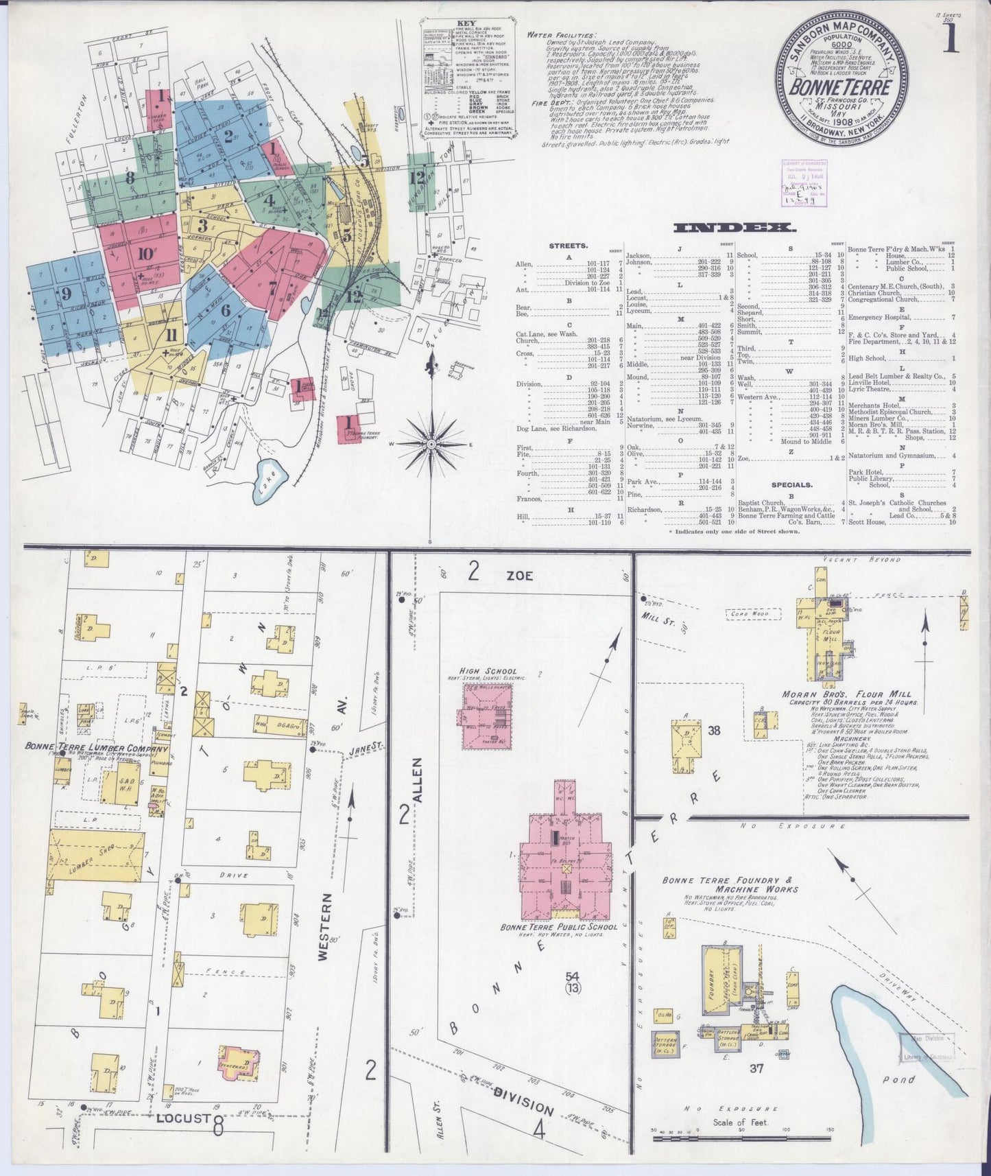 Sanborn Fire Insurance Map from Bonne Terre, Saint Francois County, Missouri (1908), Sheet #0001 - Historic Sanborn Fire Insurance Map Print, vintage old map wall art, antique decor, genealogy gift, Missouri Missouri map