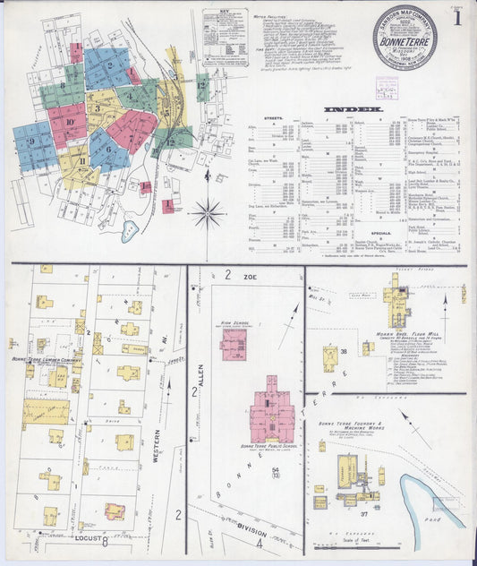 Sanborn Fire Insurance Map from Bonne Terre, Saint Francois County, Missouri (1908), Sheet #0001 - Historic Sanborn Fire Insurance Map Print, vintage old map wall art, antique decor, genealogy gift, Missouri Missouri map