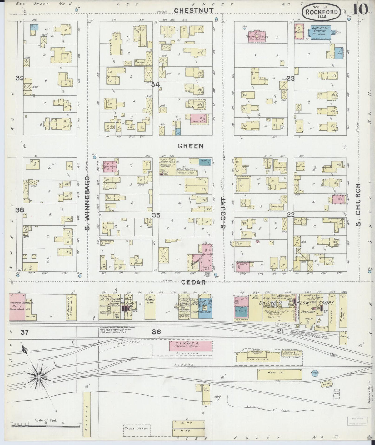 Sanborn Fire Insurance Map from Rockford, Winnebago County, Illinois (1891), Sheet #0010 - Historic Sanborn Fire Insurance Map Print, vintage old map wall art, antique decor, genealogy gift, Illinois Illinois map