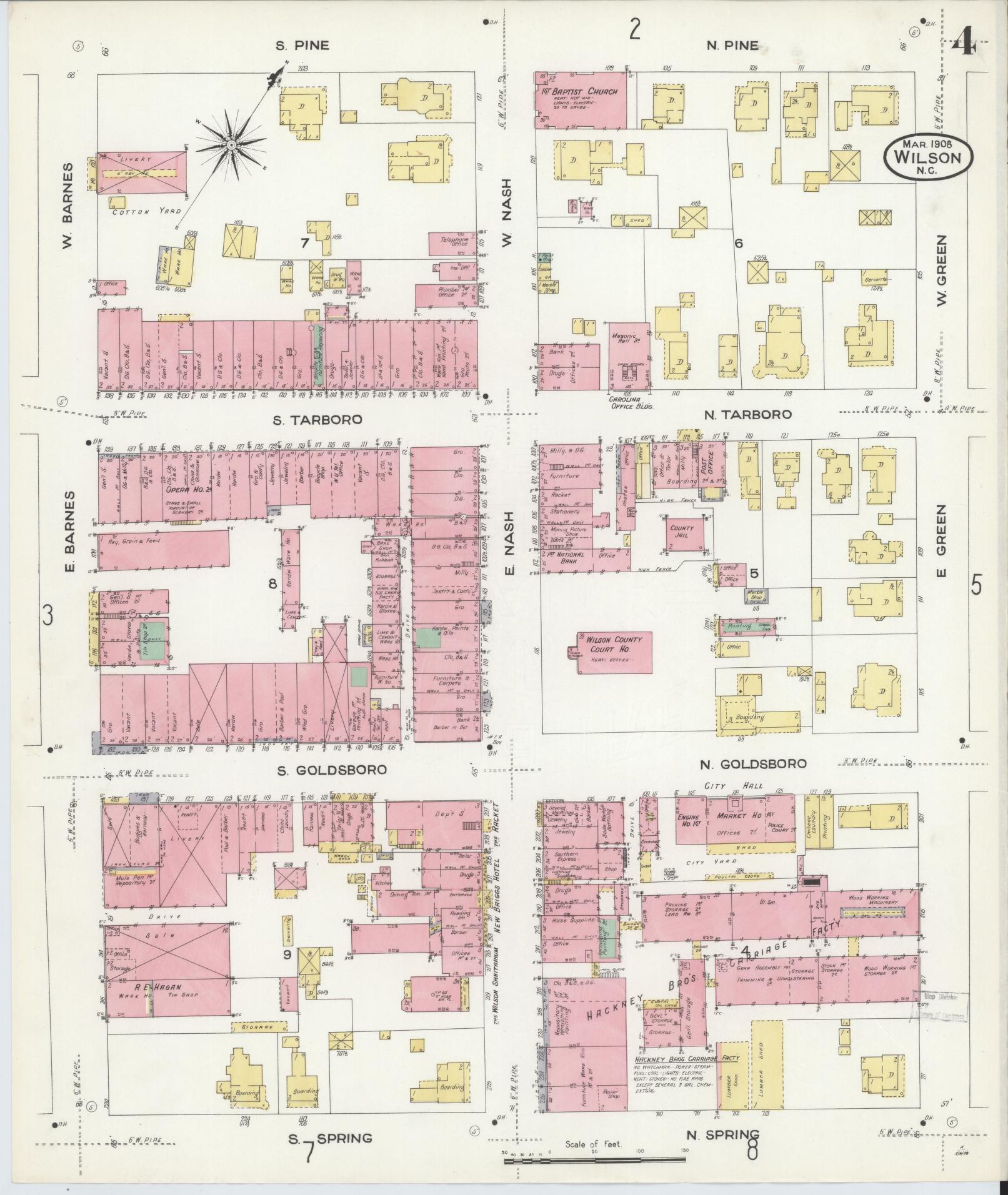 Sanborn Fire Insurance Map from Wilson, Wilson County, North Carolina (1908), Sheet #0004 - Historic Sanborn Fire Insurance Map Print, vintage old map wall art, antique decor, genealogy gift, North Carolina North Carolina map