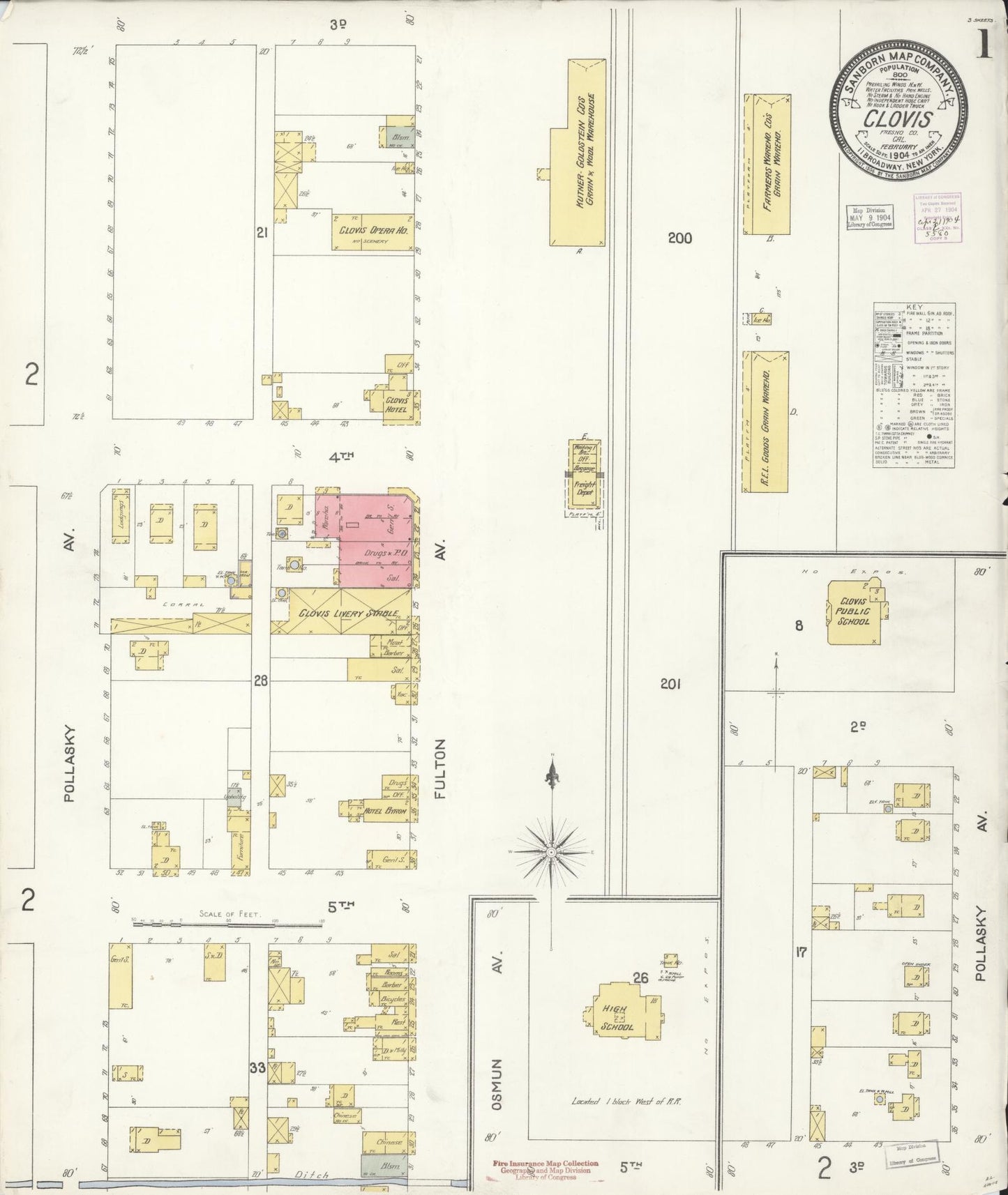 Sanborn Fire Insurance Map from Clovis, Fresno County, California (1904), Sheet #0001 - Historic Sanborn Fire Insurance Map Print, vintage old map wall art, antique decor, genealogy gift, California California map