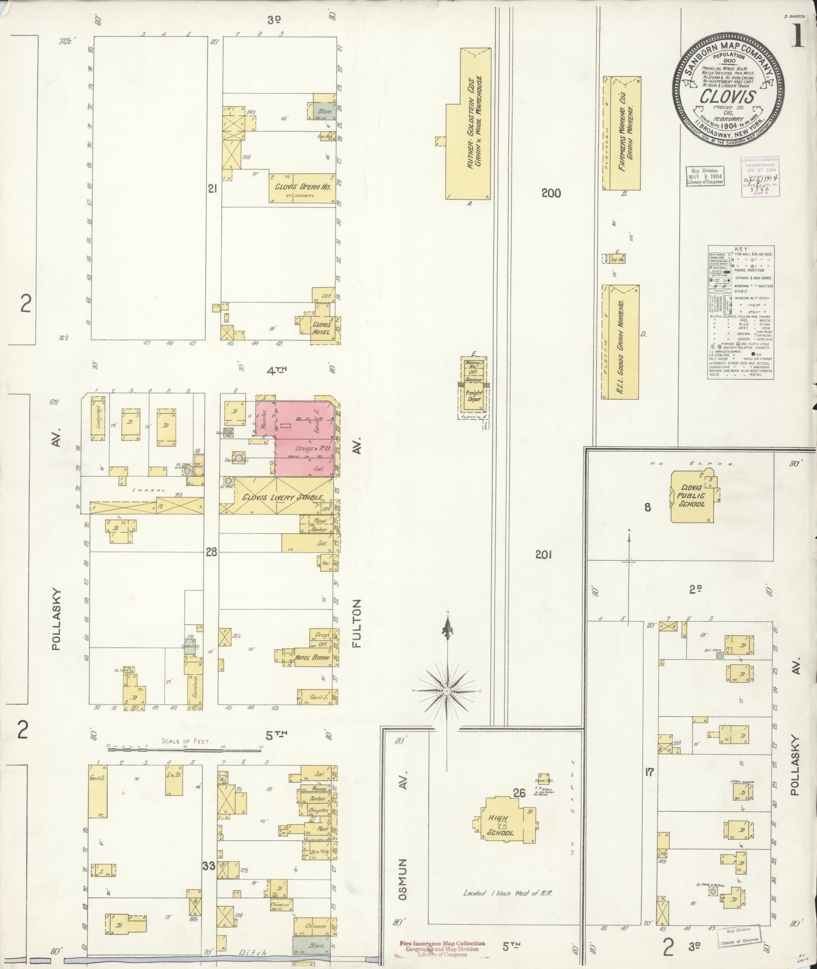 Sanborn Fire Insurance Map from Clovis, Fresno County, California (1904), Sheet #0001 - Historic Sanborn Fire Insurance Map Print, vintage old map wall art, antique decor, genealogy gift, California California map