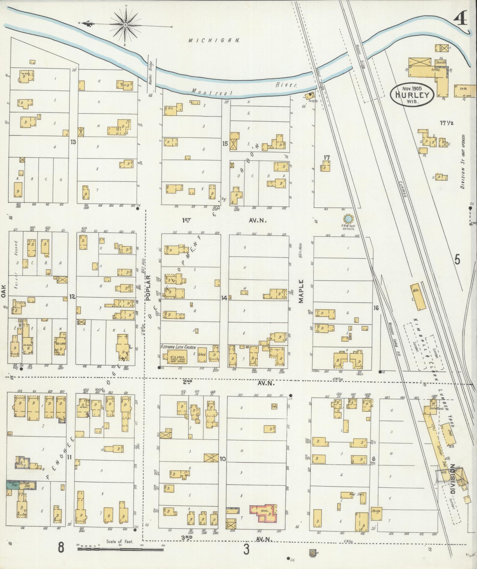 Sanborn Fire Insurance Map from Hurley, Iron County, Wisconsin (1905), Sheet #0004 - Historic Sanborn Fire Insurance Map Print, vintage old map wall art, antique decor, genealogy gift, Wisconsin Wisconsin map