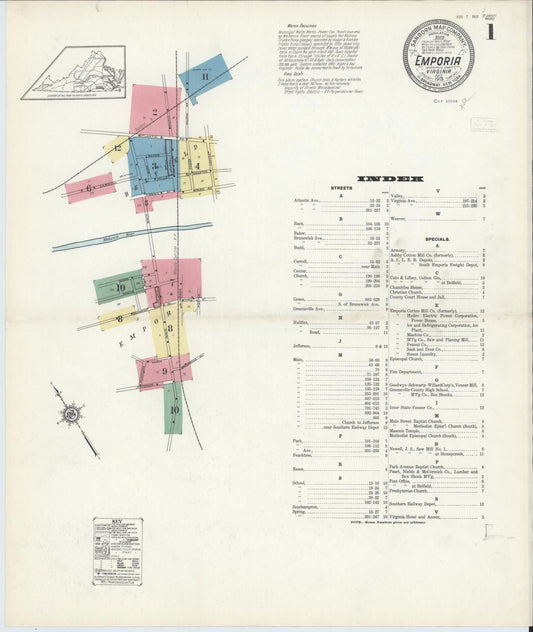 Sanborn Fire Insurance Map from Emporia, Independent Cities, Virginia (1913), Sheet #0001 - Complete Map Set gallery image, historic Sanborn map, vintage wall art, Virginia Virginia