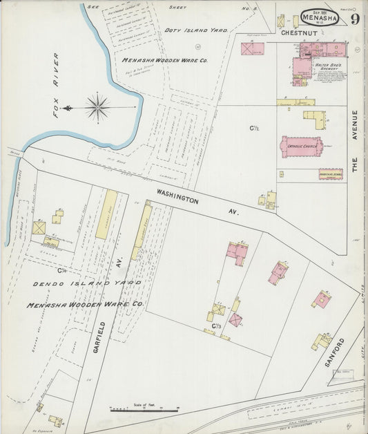 Sanborn Fire Insurance Map from Menasha, Winnebago County, Wisconsin (1891), Sheet #0009 - Historic Sanborn Fire Insurance Map Print, vintage old map wall art, antique decor, genealogy gift, Wisconsin Wisconsin map