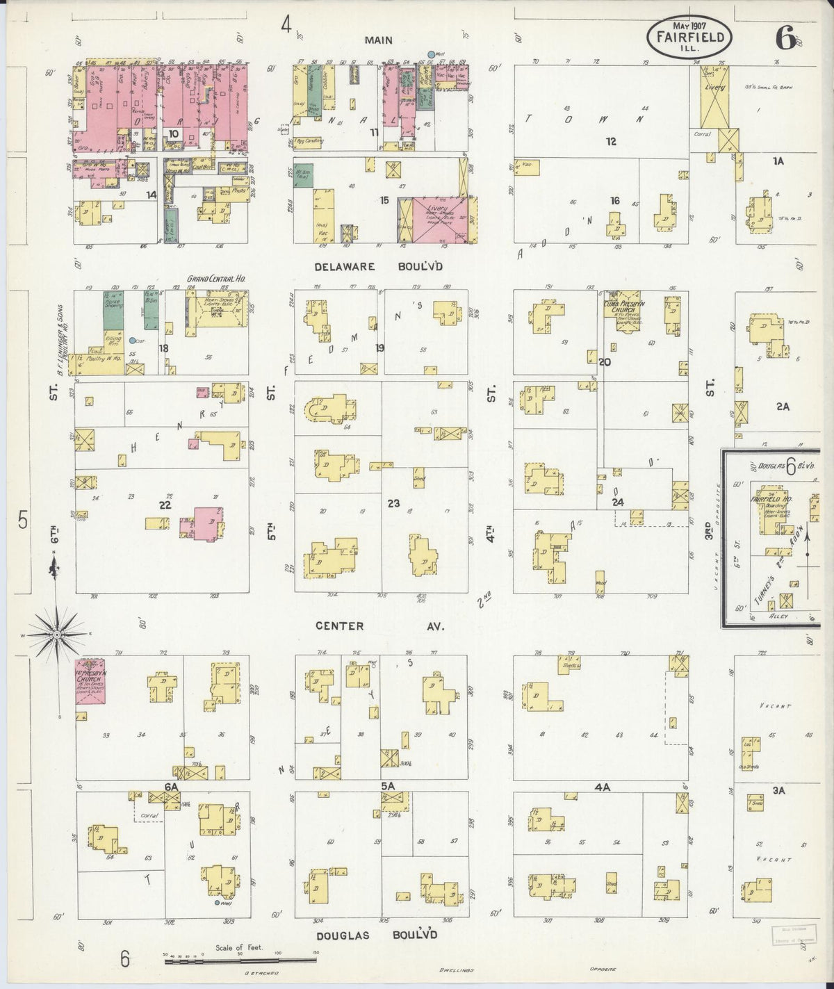 Sanborn Fire Insurance Map from Fairfield, Wayne County, Illinois (1907), Sheet #0006 - Historic Sanborn Fire Insurance Map Print, vintage old map wall art, antique decor, genealogy gift, Illinois Illinois map