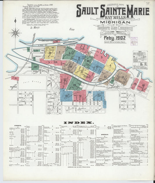Sanborn Fire Insurance Map from Sault Sainte Marie, Chippewa County, Michigan (1902), Sheet #0001 - Historic Sanborn Fire Insurance Map Print, vintage old map wall art, antique decor, genealogy gift, Michigan Michigan map