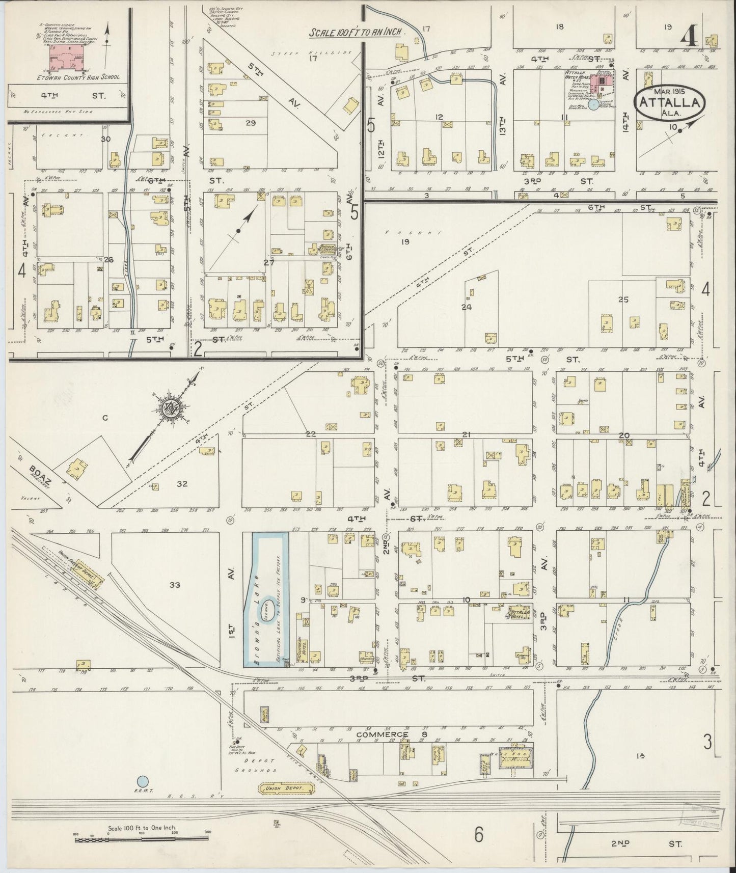 Sanborn Fire Insurance Map from Attalla, Etowah County, Alabama (1915), Sheet #0004 - Complete Map Set gallery image, historic Sanborn map, vintage wall art, Alabama Alabama