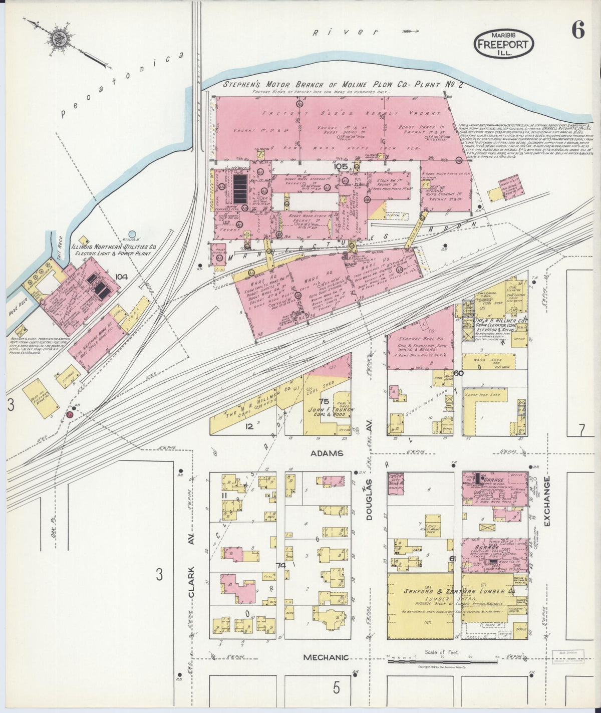 Sanborn Fire Insurance Map from Freeport, Stephenson County, Illinois (1918), Sheet #0006 - Historic Sanborn Fire Insurance Map Print, vintage old map wall art, antique decor, genealogy gift, Illinois Illinois map
