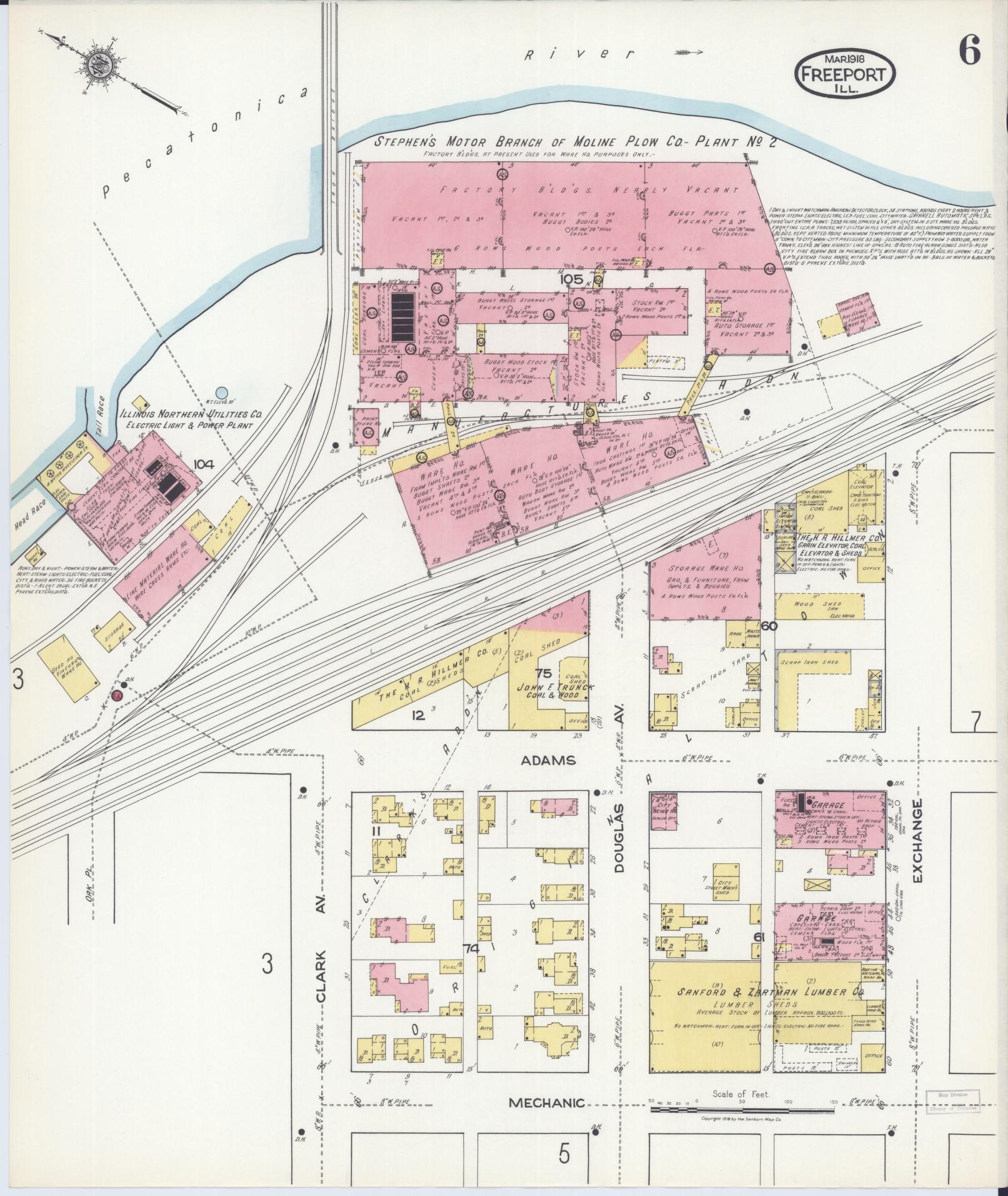 Sanborn Fire Insurance Map from Freeport, Stephenson County, Illinois (1918), Sheet #0006 - Historic Sanborn Fire Insurance Map Print, vintage old map wall art, antique decor, genealogy gift, Illinois Illinois map