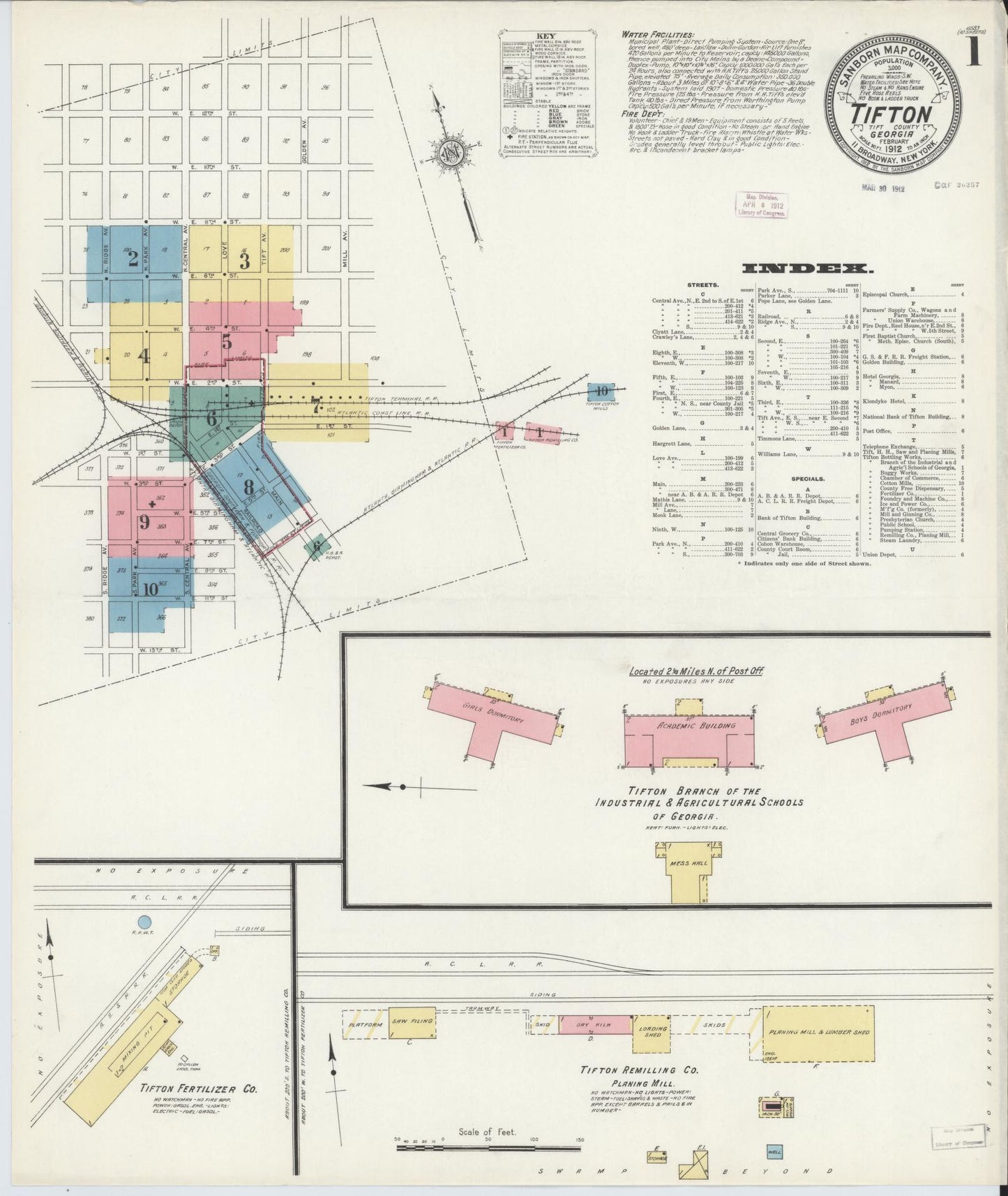 Sanborn Fire Insurance Map from Tifton, Tift County, Georgia (1912), Sheet #0001 - Historic Sanborn Fire Insurance Map Print, vintage old map wall art, antique decor, genealogy gift, Georgia Georgia map