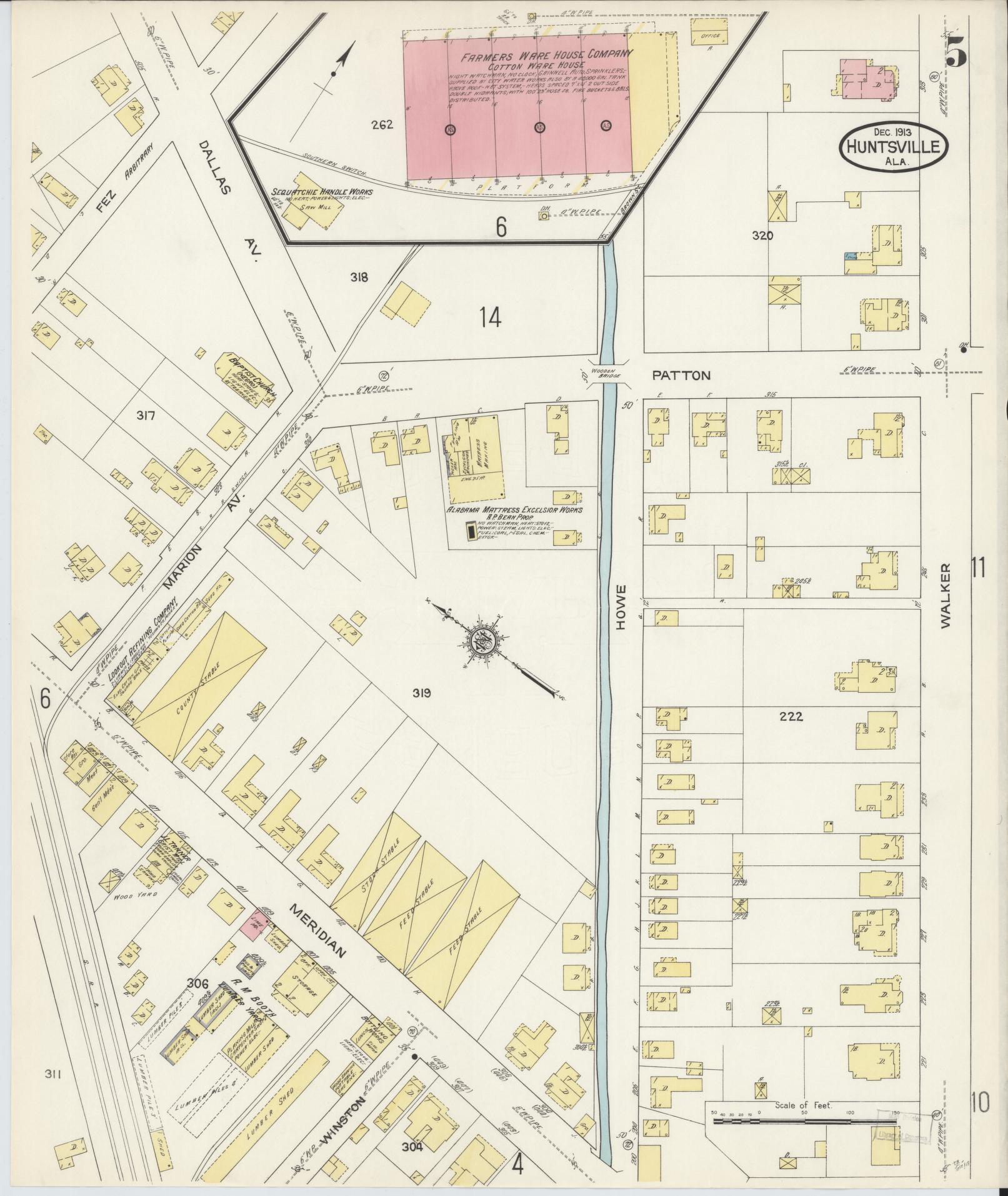 Sanborn Fire Insurance Map from Huntsville, Madison County, Alabama (1913), Sheet #0005 - Historic Sanborn Fire Insurance Map Print, vintage old map wall art, antique decor, genealogy gift, Alabama Alabama map
