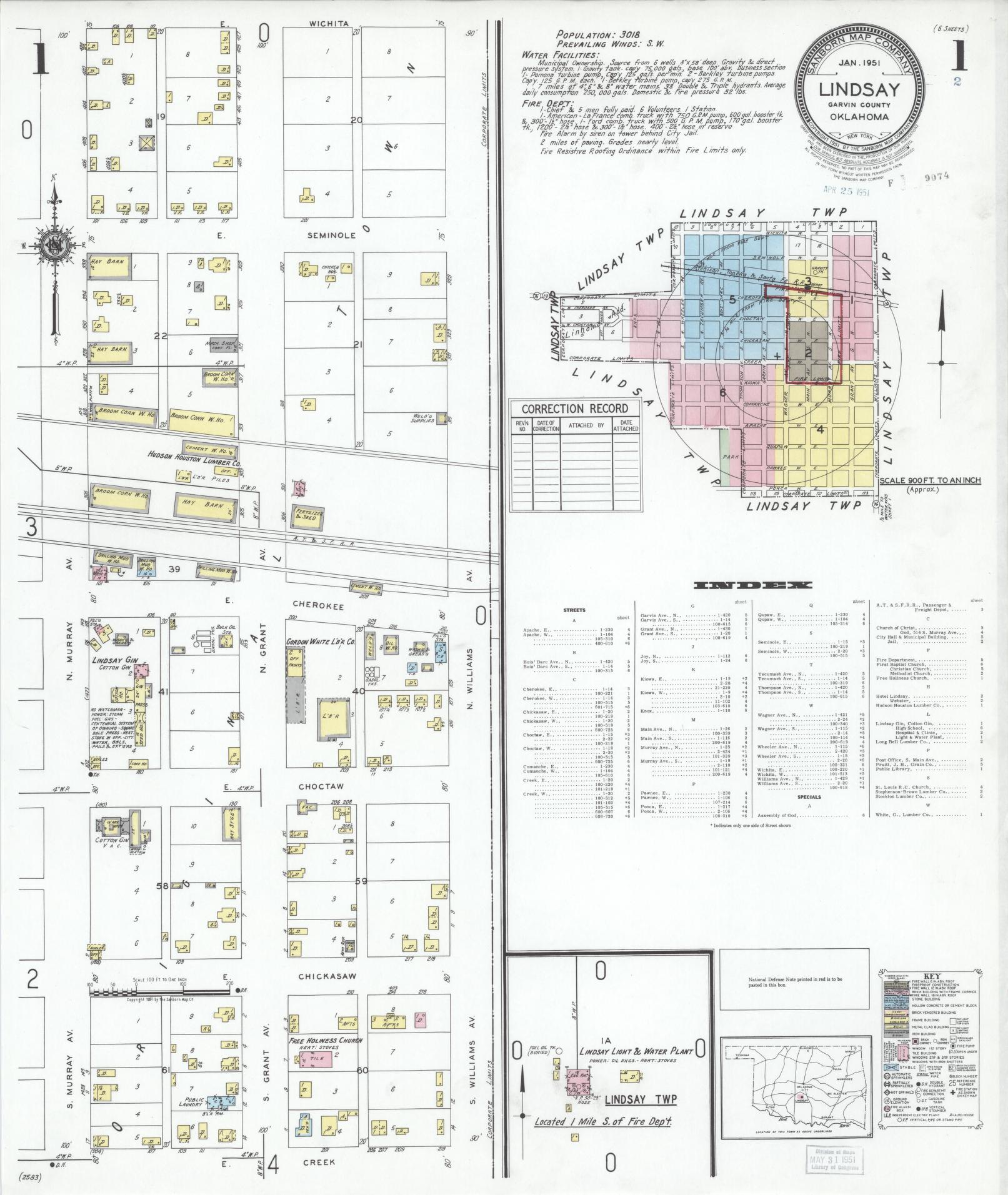 Sanborn Fire Insurance Map from Lindsay, Garvin County, Oklahoma (1951), Sheet #0001 - Complete Map Set gallery image, historic Sanborn map, vintage wall art, Oklahoma Oklahoma