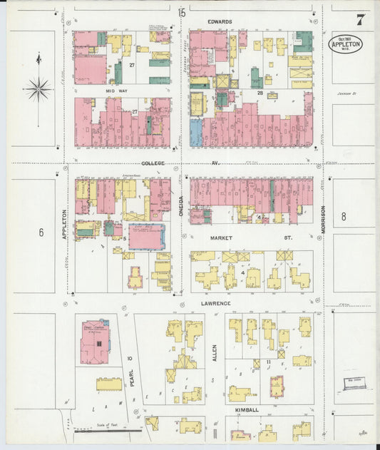 Sanborn Fire Insurance Map from Appleton, Outagamie County, Wisconsin (1901), Sheet #0007 - Historic Sanborn Fire Insurance Map Print, vintage old map wall art, antique decor, genealogy gift, Wisconsin Wisconsin map