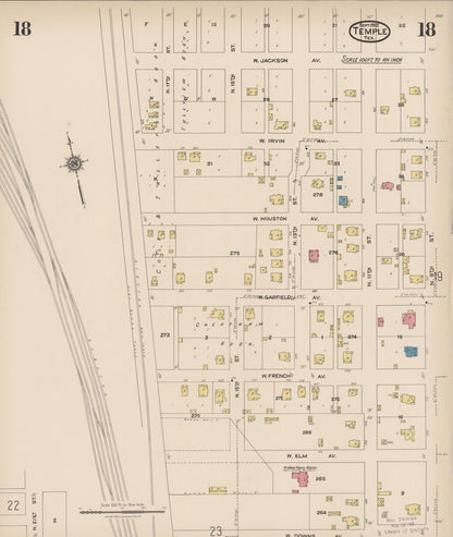 Sanborn Fire Insurance Map from Temple, Bell County, Texas (1922), Sheet #0018 - Historic Sanborn Fire Insurance Map Print, vintage old map wall art, antique decor, genealogy gift, Texas Texas map