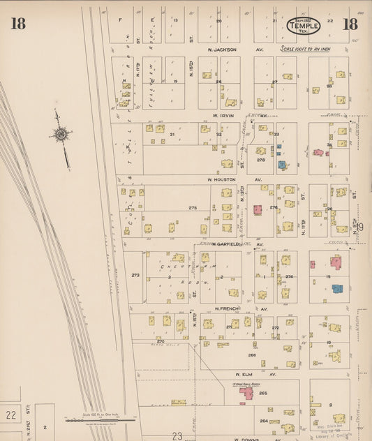 Sanborn Fire Insurance Map from Temple, Bell County, Texas (1922), Sheet #0018 - Historic Sanborn Fire Insurance Map Print, vintage old map wall art, antique decor, genealogy gift, Texas Texas map