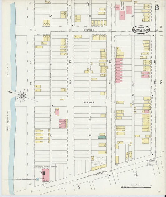 Sanborn Fire Insurance Map from Homestead, Allegheny County, Pennsylvania (1896), Sheet #0008 - Historic Sanborn Fire Insurance Map Print, vintage old map wall art, antique decor, genealogy gift, Pennsylvania Pennsylvania map