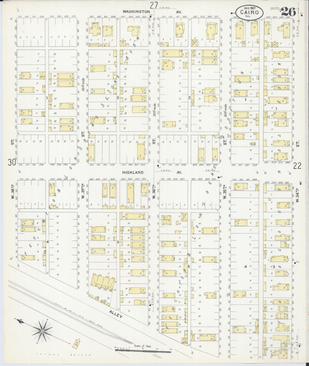 Sanborn Fire Insurance Map from Cairo, Alexander County, Illinois (1907), Sheet #0026 - Complete Map Set gallery image, historic Sanborn map, vintage wall art, Illinois Illinois