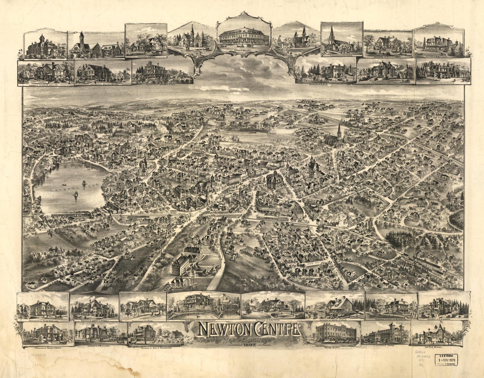 Newton Centre, Massachusetts 1897. (1897) – Historic Bird’s-Eye View Panorama Print