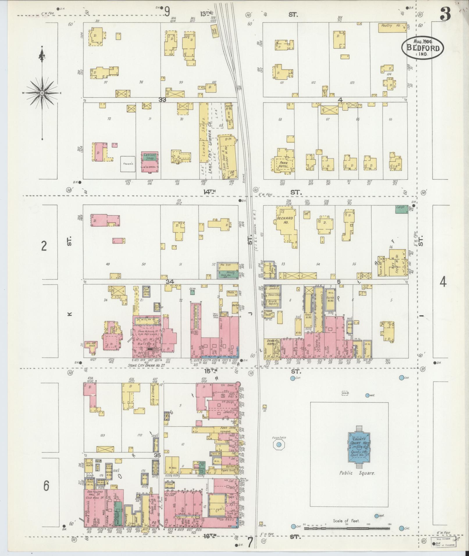 Sanborn Fire Insurance Map from Bedford, Lawrence County, Indiana (1904), Sheet #0003 - Complete Map Set gallery image, historic Sanborn map, vintage wall art, Indiana Indiana