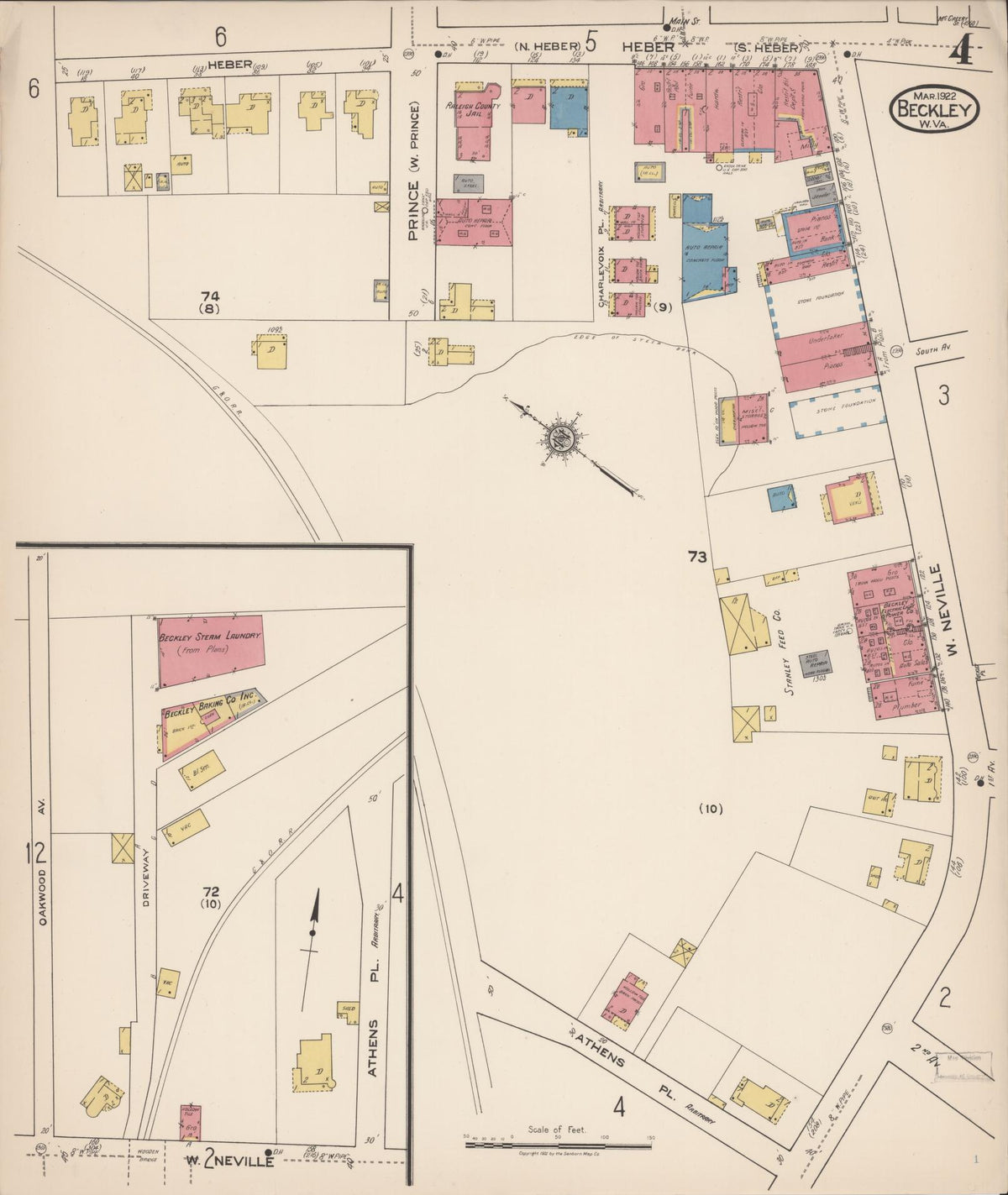 Sanborn Fire Insurance Map from Beckley, Raleigh County, West Virginia (1922), Sheet #0004 - Historic Sanborn Fire Insurance Map Print, vintage old map wall art, antique decor, genealogy gift, West Virginia West Virginia map