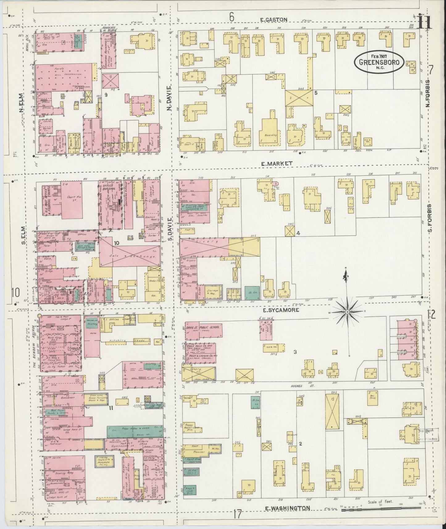 Sanborn Fire Insurance Map from Greensboro, Guilford County, North Carolina (1907), Sheet #0011 - Complete Map Set gallery image, historic Sanborn map, vintage wall art, North Carolina North Carolina