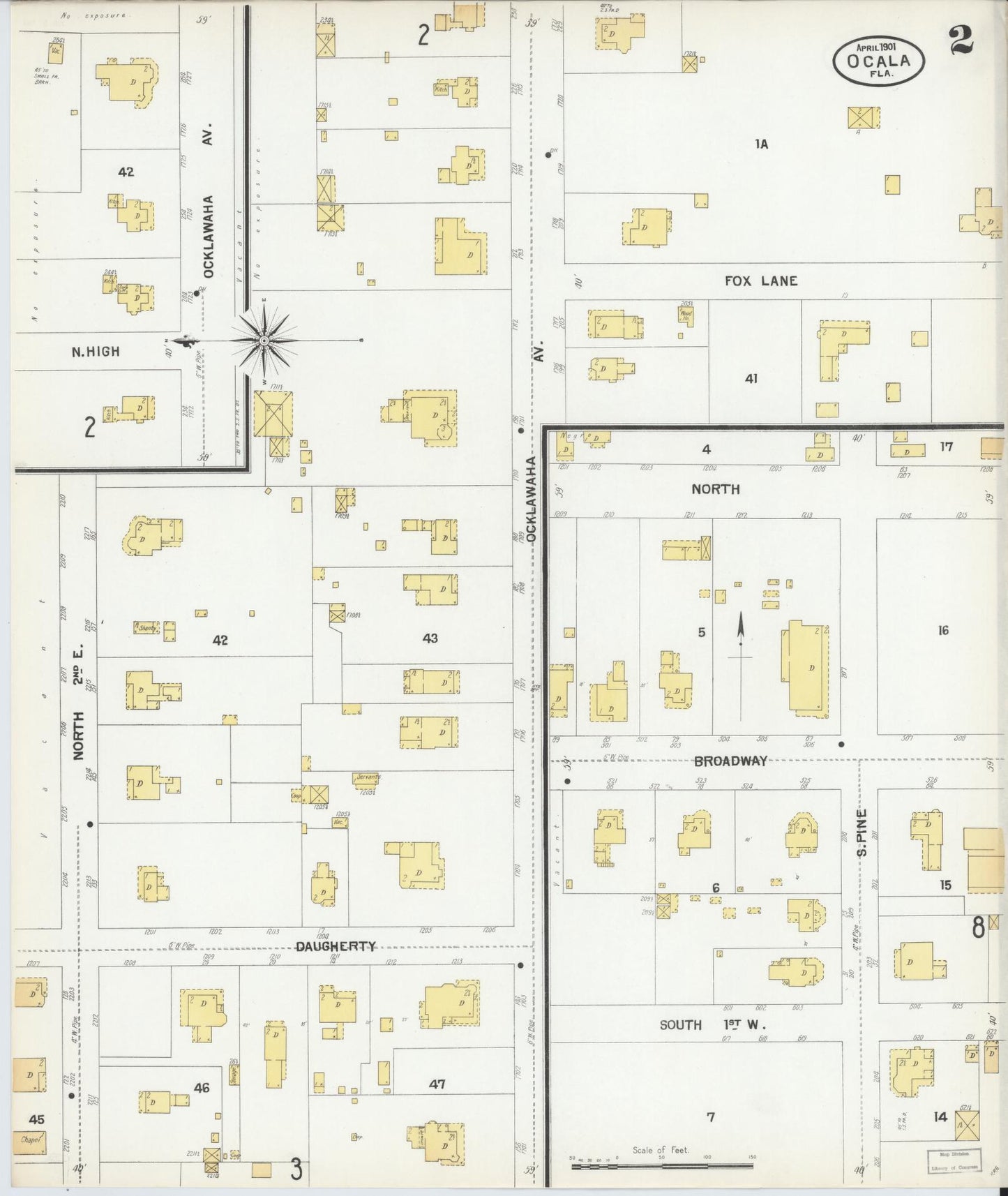 Sanborn Fire Insurance Map from Ocala, Marion County, Florida (1901), Sheet #0002 - Historic Sanborn Fire Insurance Map Print, vintage old map wall art, antique decor, genealogy gift, Florida Florida map