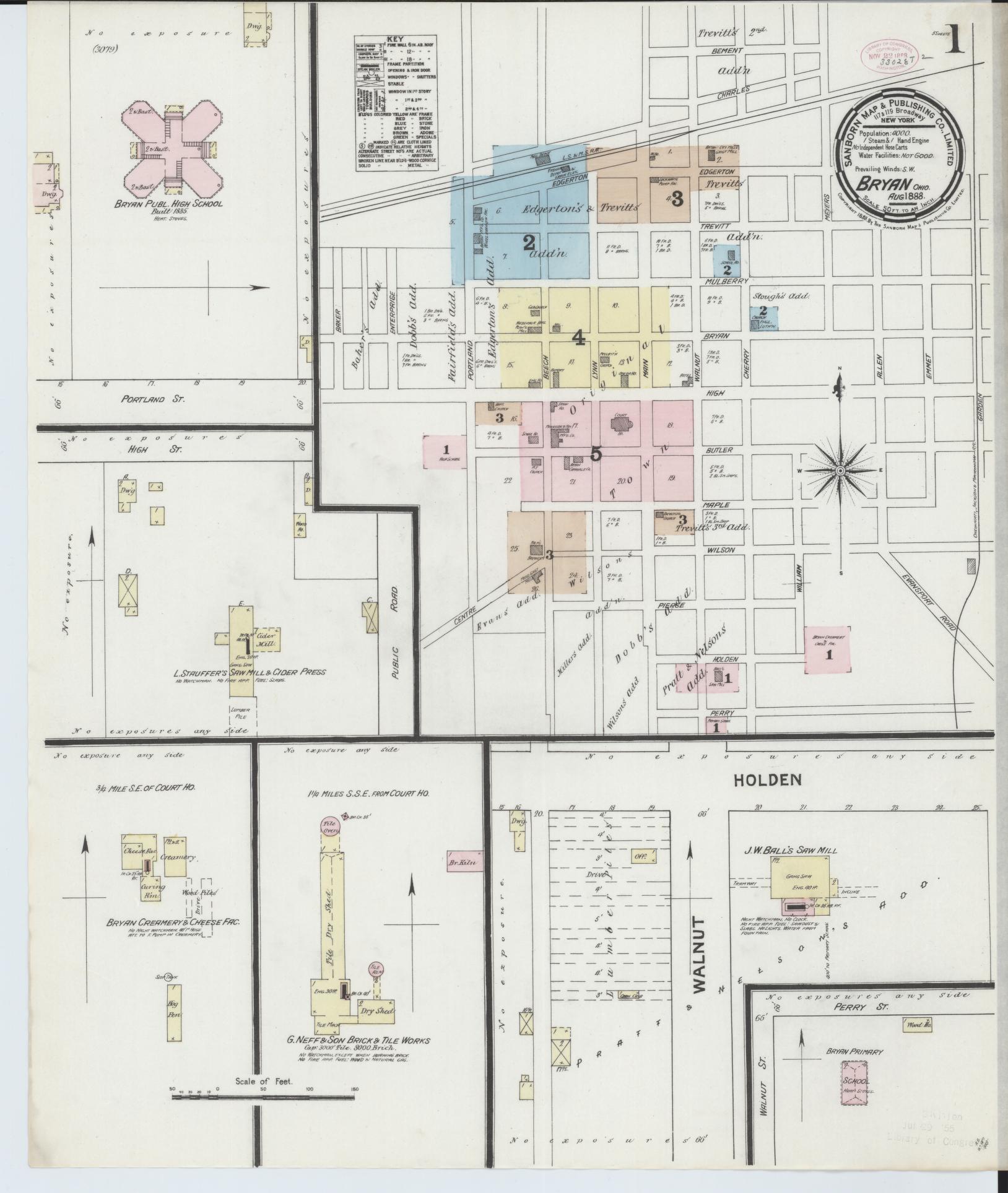 Sanborn Fire Insurance Map from Bryan, Williams County, Ohio (1888), Sheet #0001 - Historic Sanborn Fire Insurance Map Print, vintage old map wall art, antique decor, genealogy gift, Ohio Ohio map